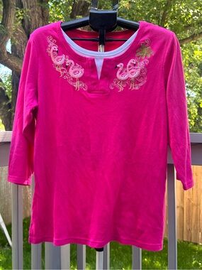 Morning Sun Hot Pink 3/4 top with Embroidered Detail SZ X-Large